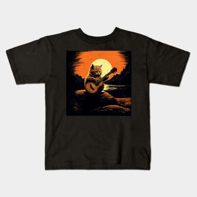 Kitten playing acoustic guitar Kids T-Shirt by VelvetEasel